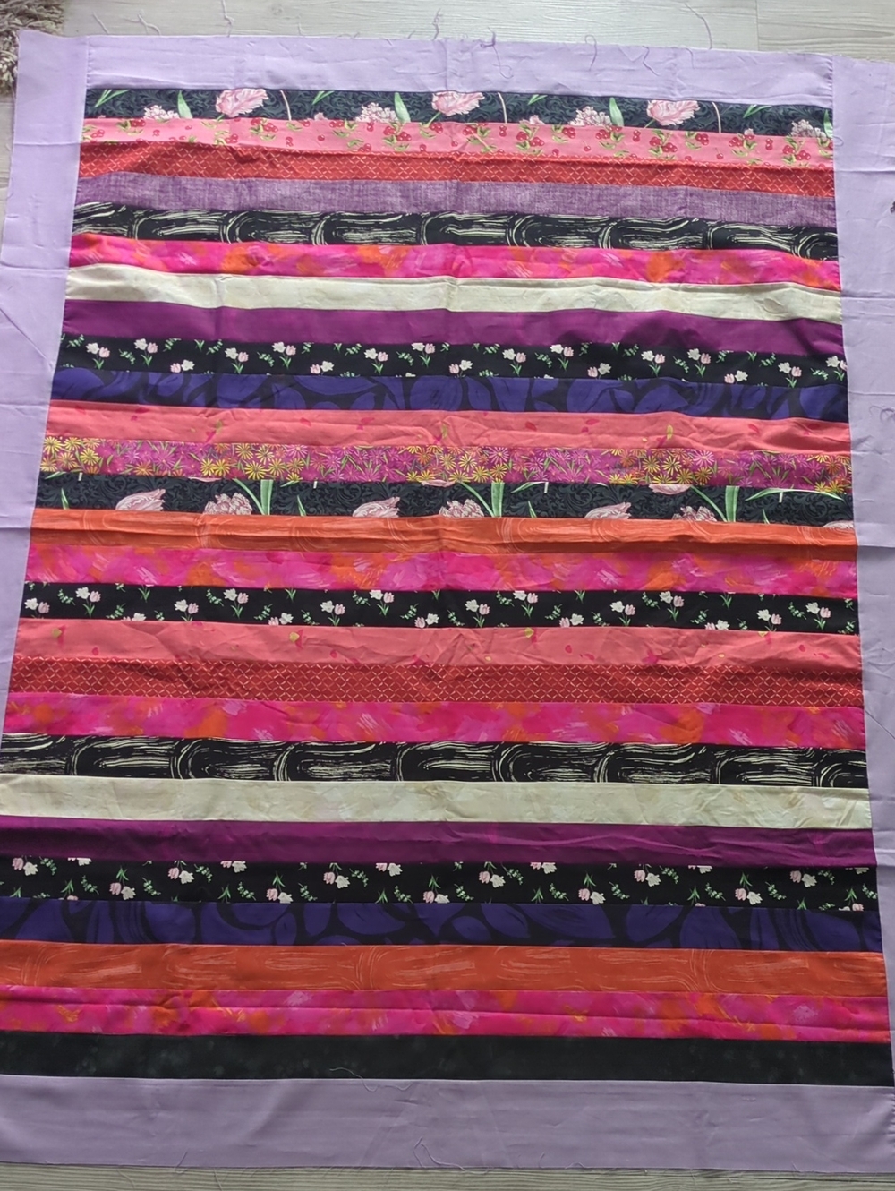 Handmade Unfinished Quilt Top UFO Modern Strip Quilt Purple Pink 49.5 x 62.5